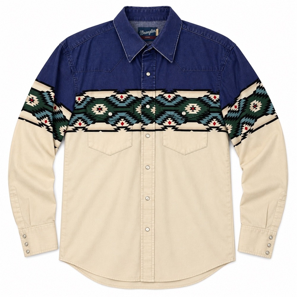VTG Wrangler Aztec Western Pearl Snap Shirt Mens Size M Blue Cream Cotton Cowboy